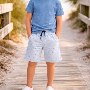 Light Blue Palm Tree Print Shorts 5/6 Resortwear Coastal Beachy Summer Novelty P